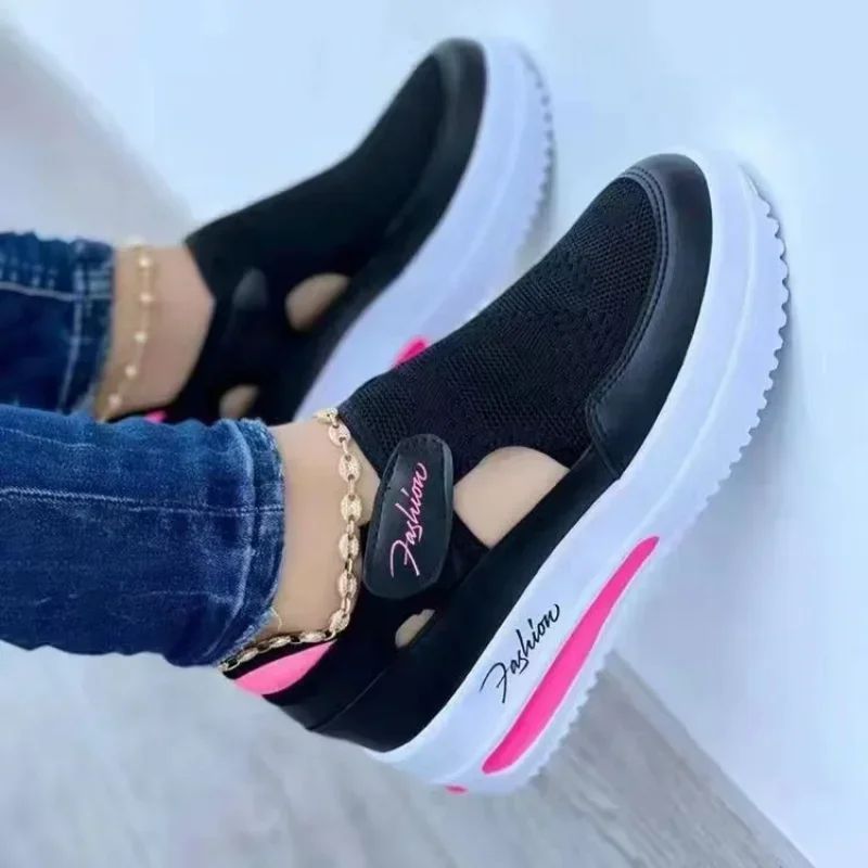 Women's canvas platform sneakers, casual hollow-out sport tennis shoes.